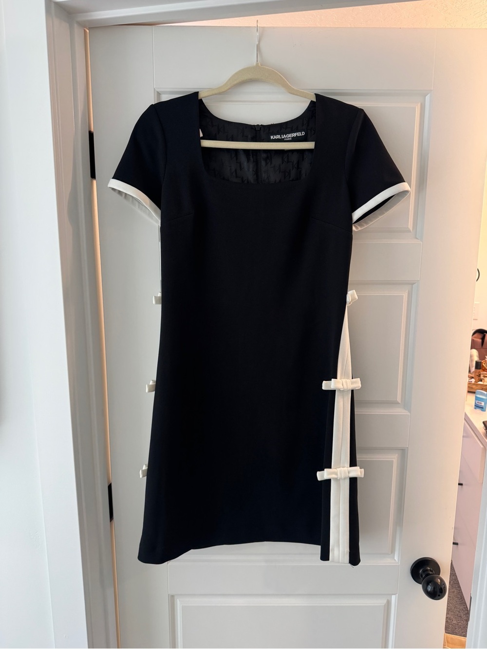 Karl Lagerfeld Black Mini Dress with Ivory Trim and Side Bows